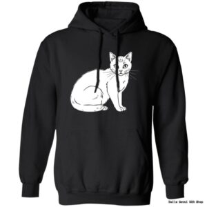 Black hoodie with white cat illustration