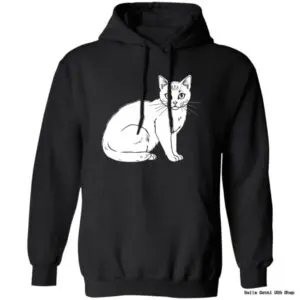 Black hoodie with white cat illustration