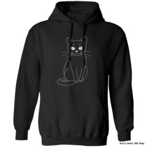 Black hoodie with white cat graphic design.