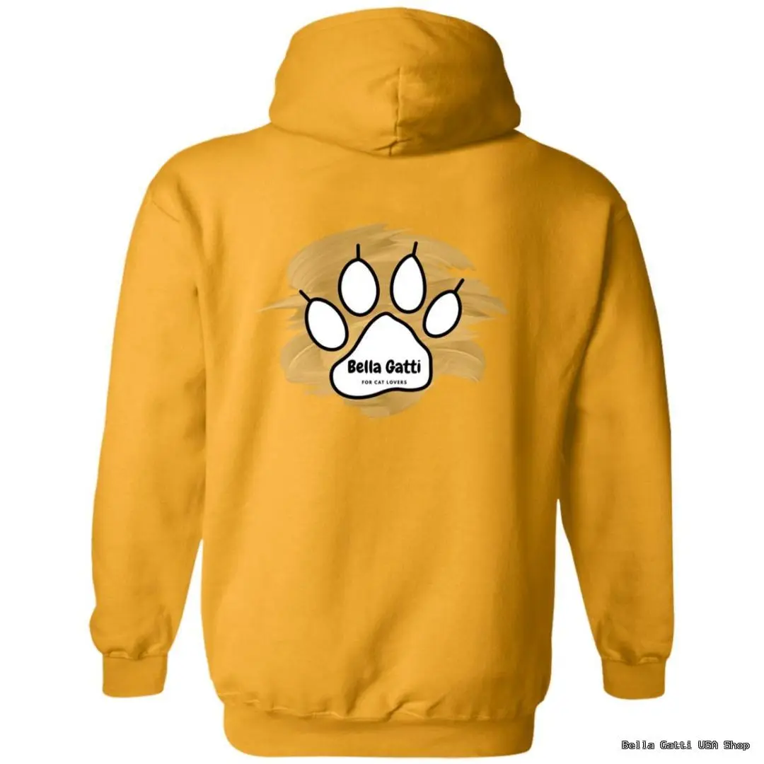 Yellow hoodie with paw print design, Bella Gatti logo.
