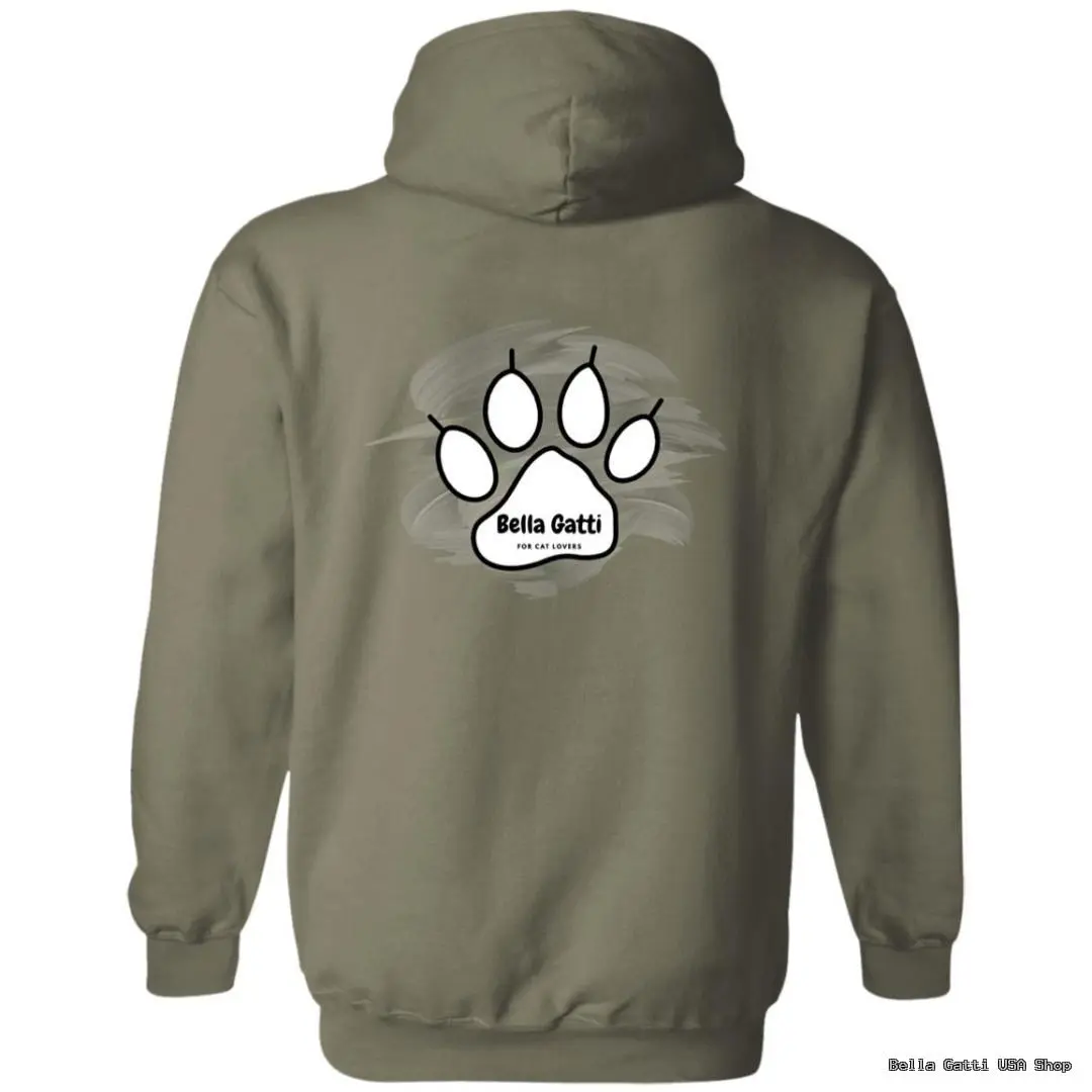 Khaki hoodie with paw print and Bella Gatti logo.