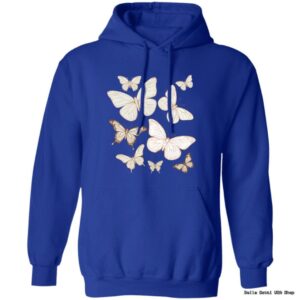 Blue hoodie with butterfly design.