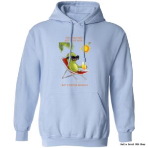 Light blue hoodie with lounging bird graphic.