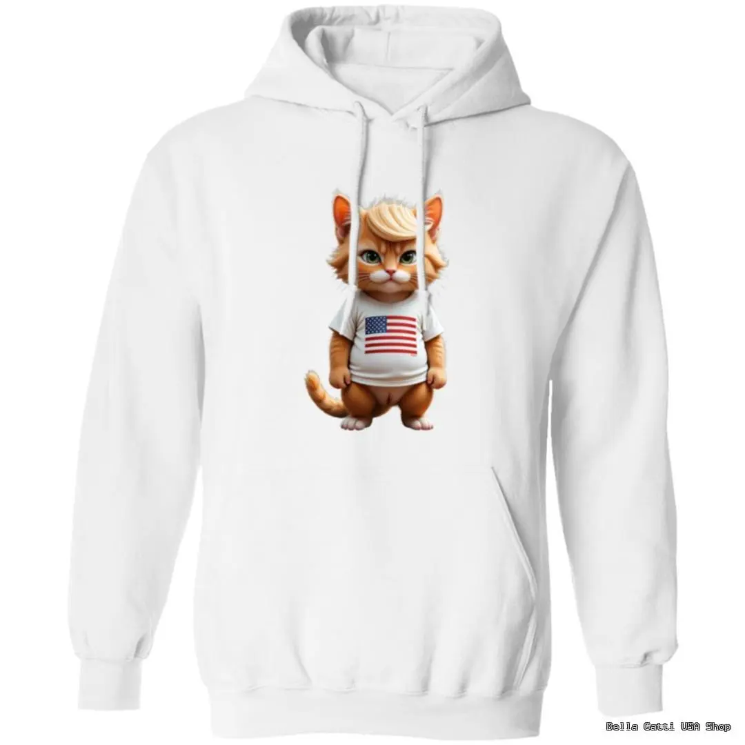 Hoodie with cartoon cat wearing USA flag shirt.