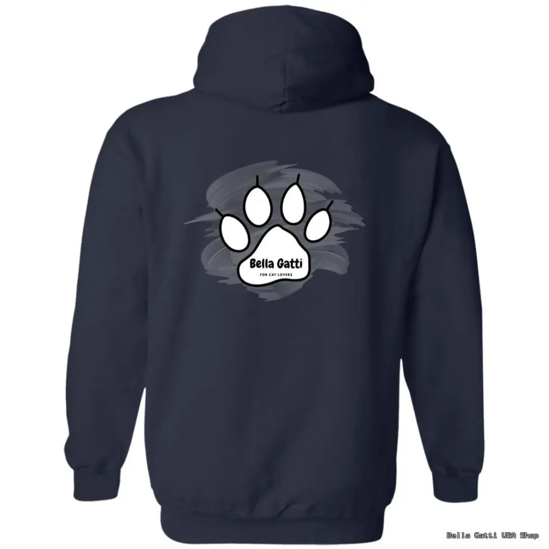 Navy hoodie with cat paw design graphic.