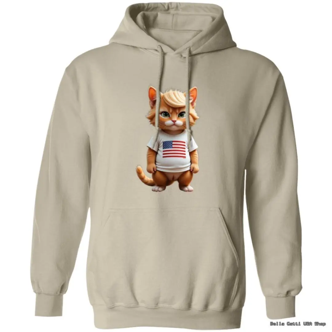 Hoodie with cartoon cat and American flag design.