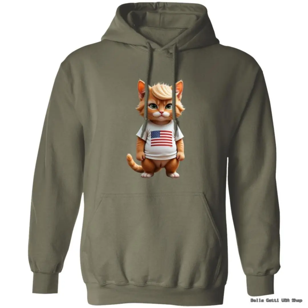 Hoodie with cartoon cat and American flag print.