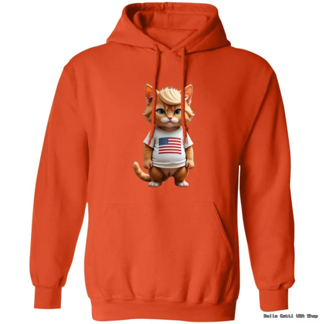 Orange hoodie with cartoon cat and flag design.