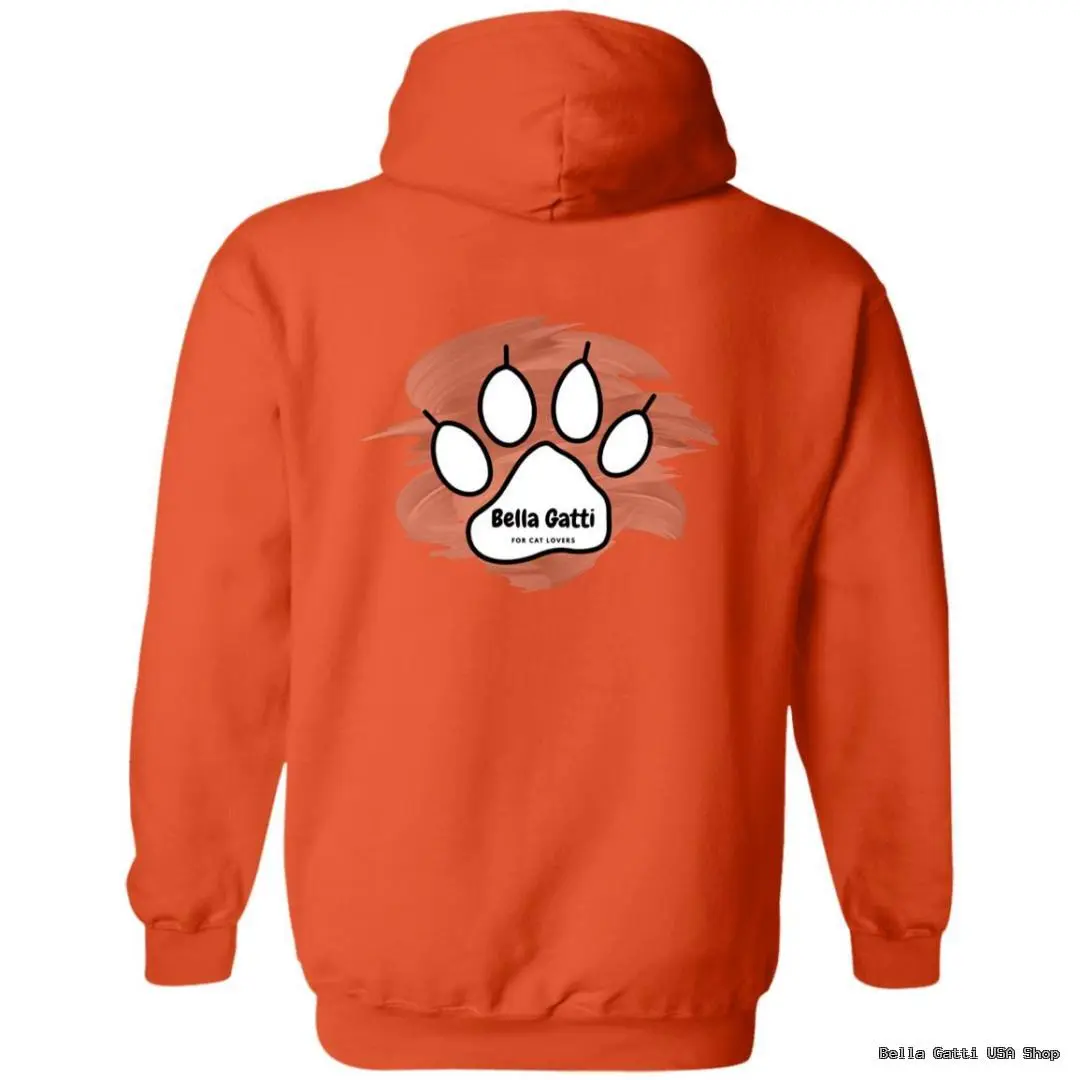 Orange hoodie with a paw print design.