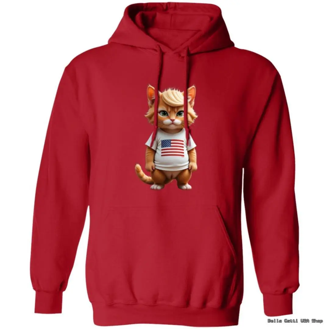 Red hoodie with cat wearing American flag shirt