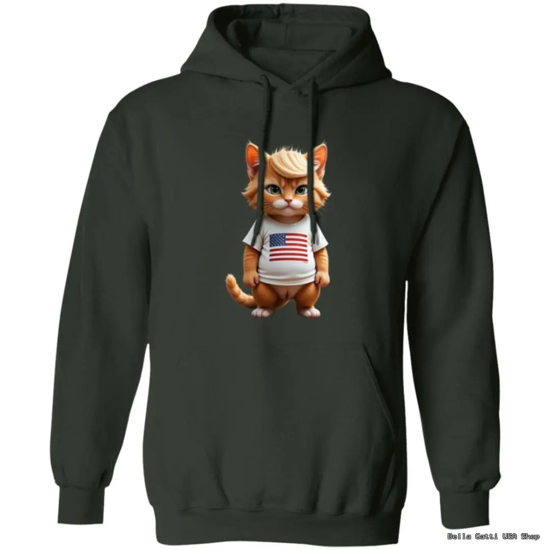 Hoodie with cartoon cat in American flag shirt.