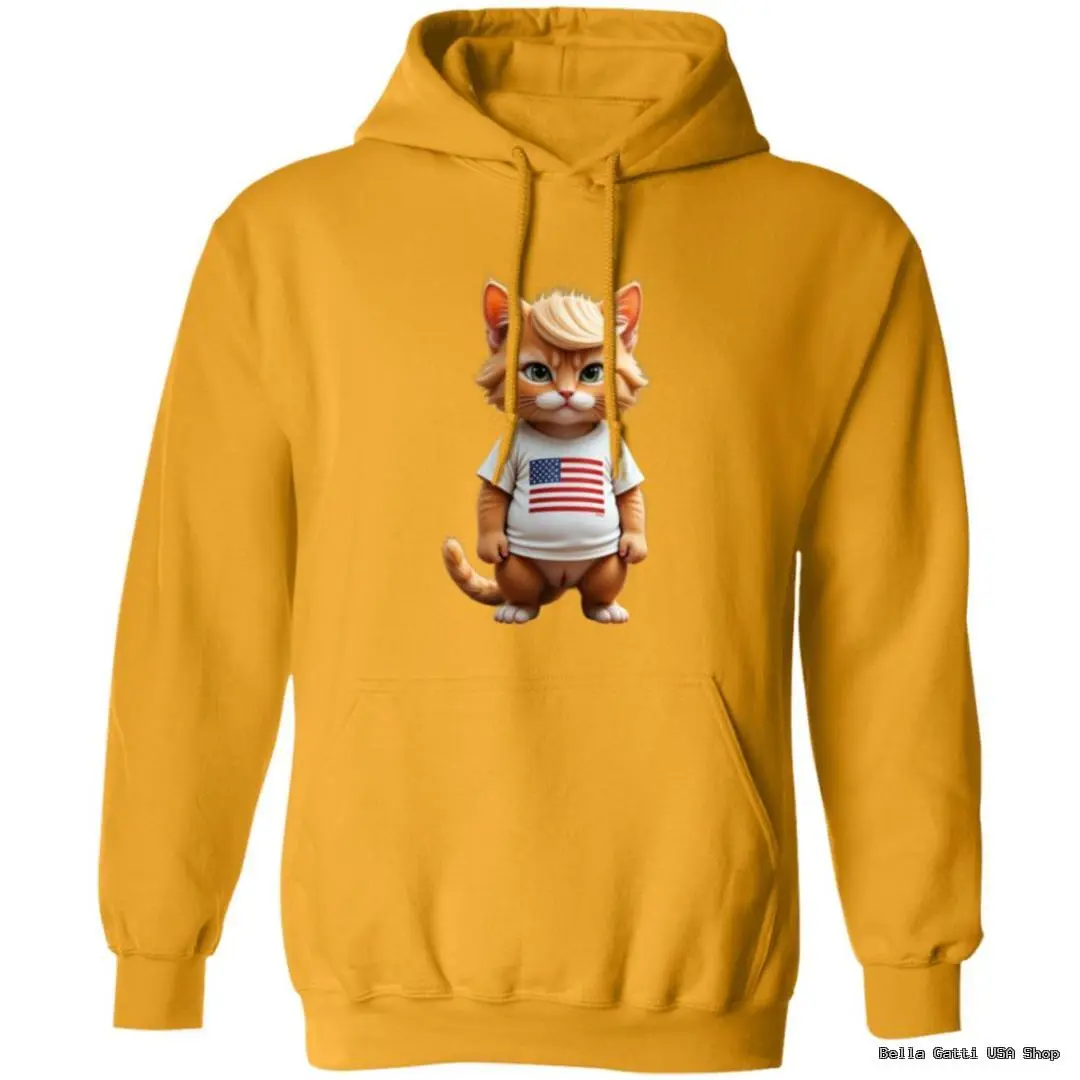 Yellow hoodie with cat wearing American flag shirt.