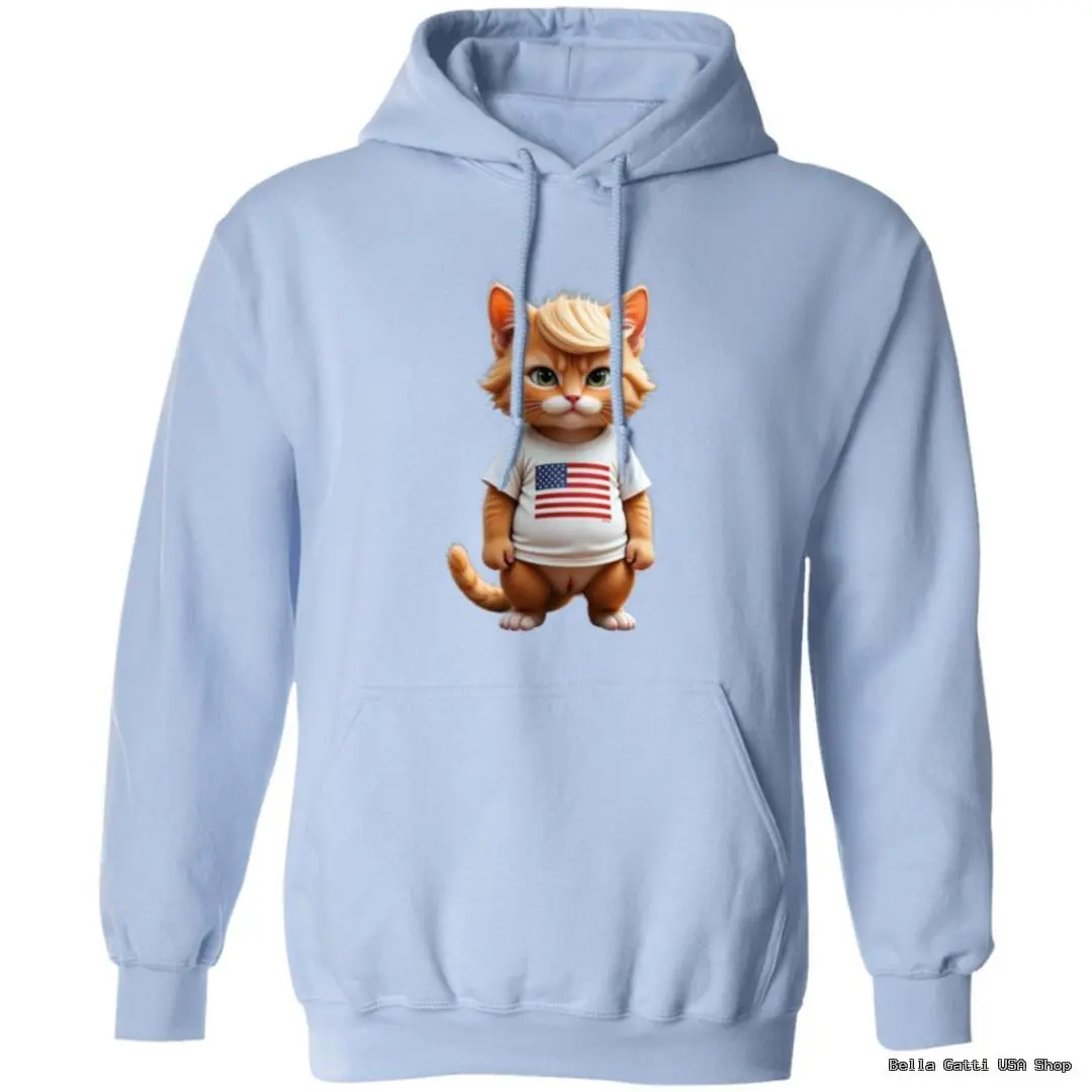 Blue hoodie with cartoon cat wearing American flag shirt.