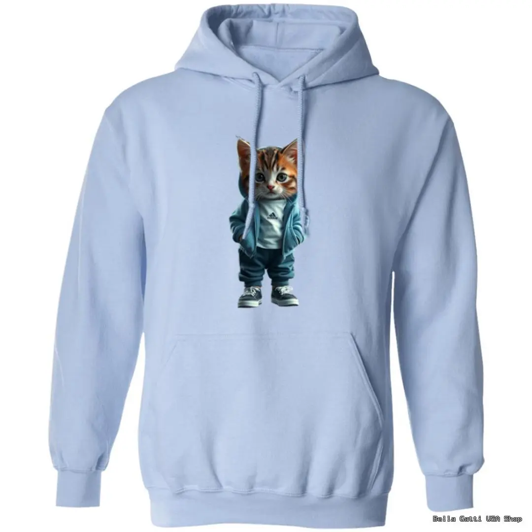 Blue hoodie with a cartoon cat design.
