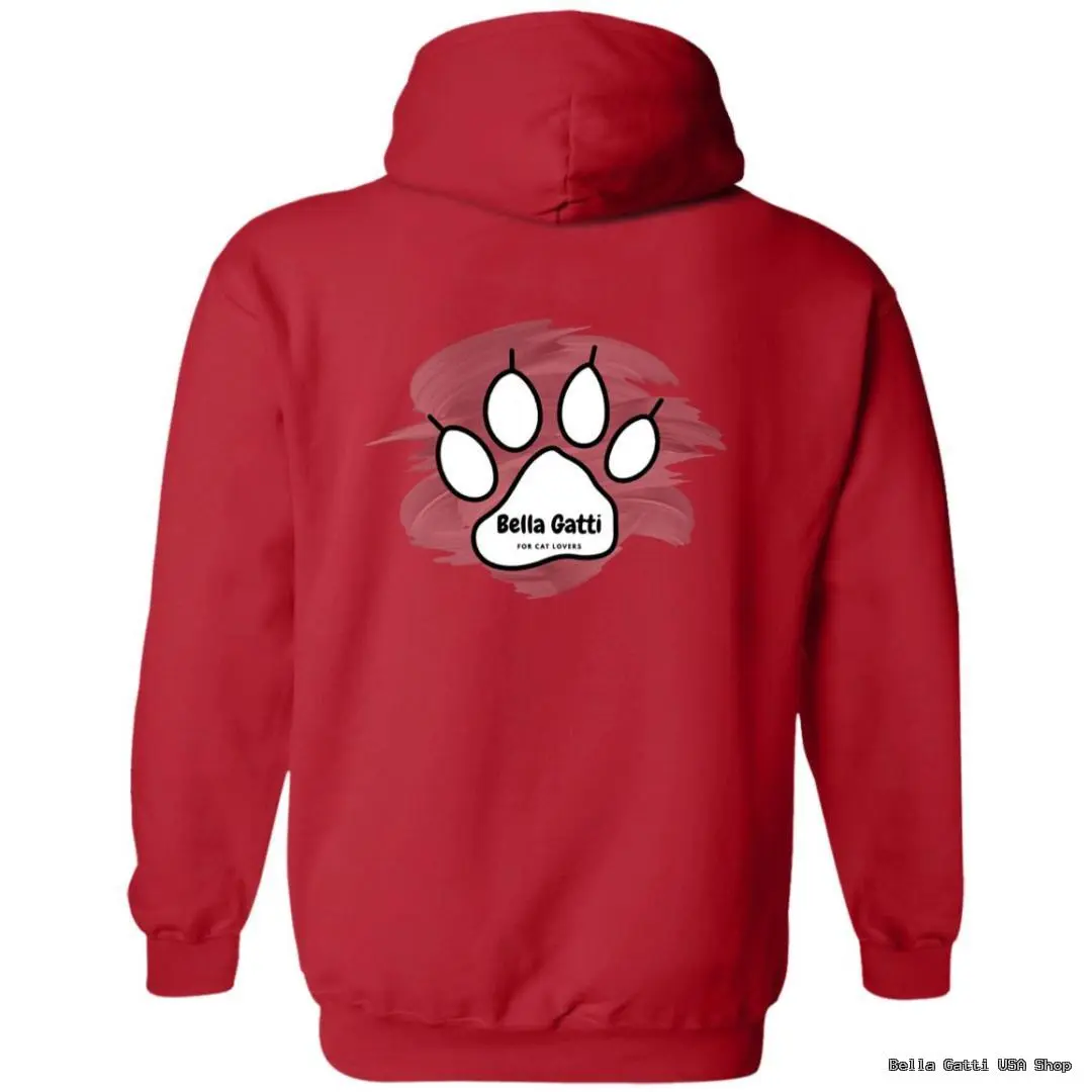 Red Bella Gatti hoodie with cat paw print.