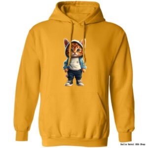 Yellow hoodie with cartoon cat in hoodie.