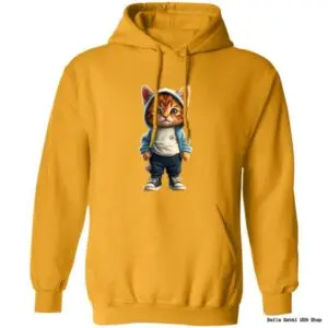 Yellow hoodie with cartoon cat in hoodie.
