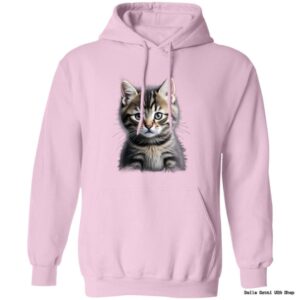 Pink hoodie with cute kitten graphic.