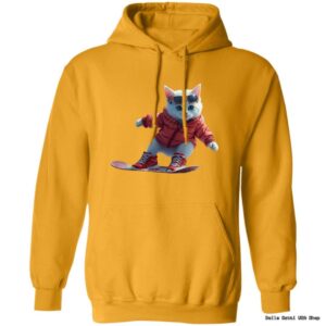 Cat in hoodie snowboarding illustration on mustard sweatshirt