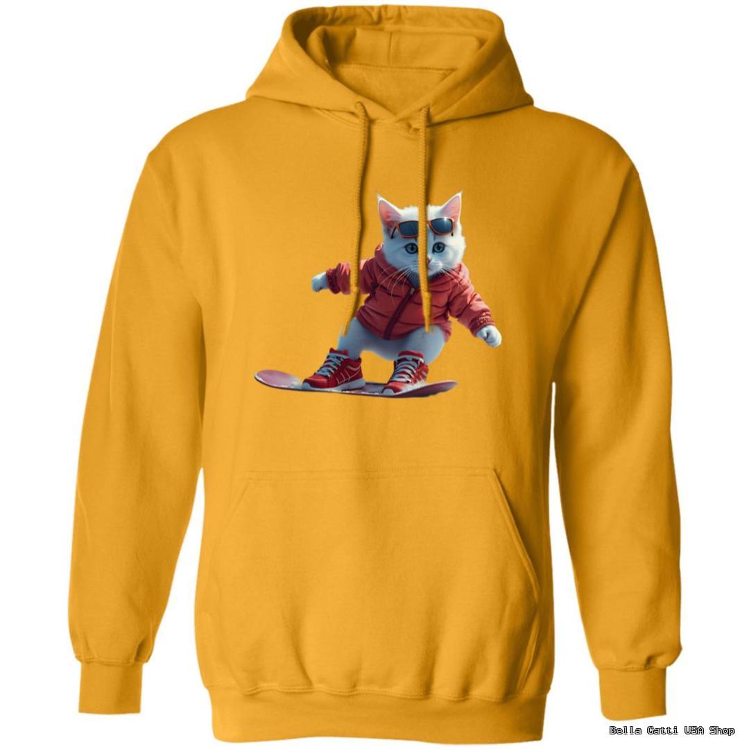 Cat in hoodie snowboarding illustration on mustard sweatshirt