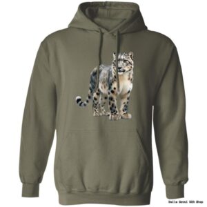 Olive hoodie with snow leopard graphic design.