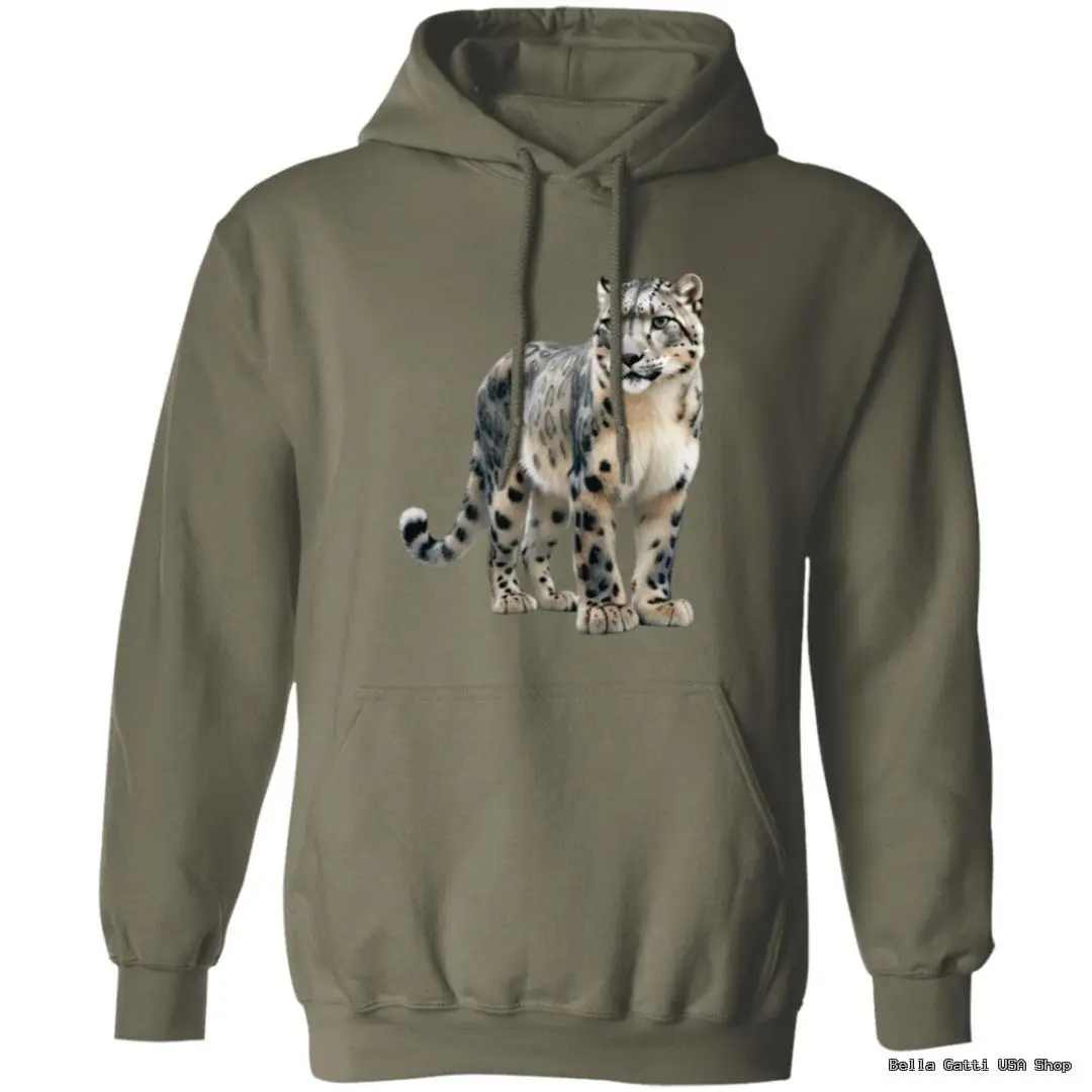 Olive hoodie with snow leopard graphic design.