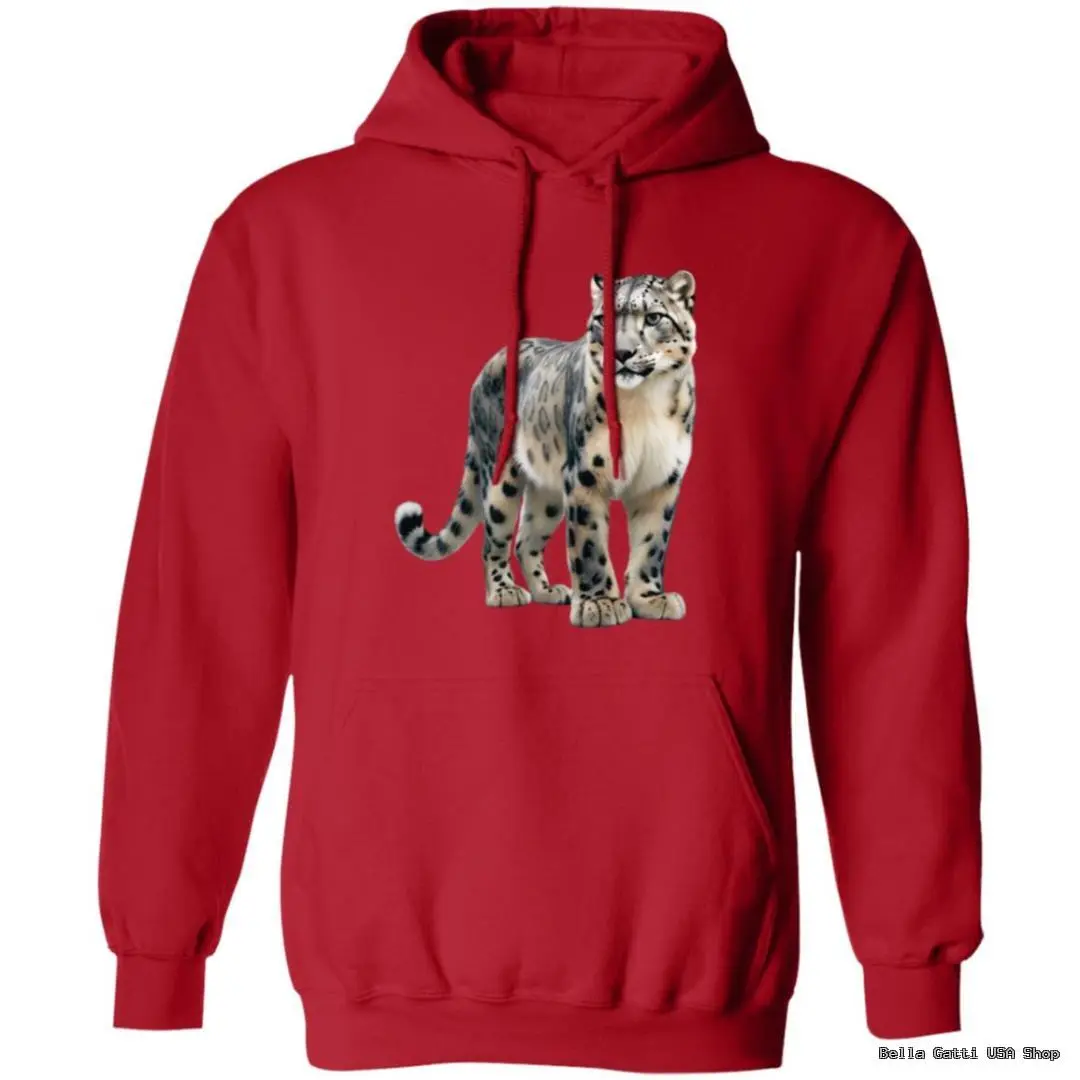 Red hoodie with snow leopard design.