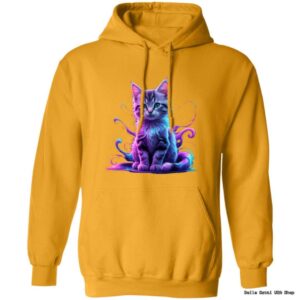 Yellow hoodie with colorful cat design