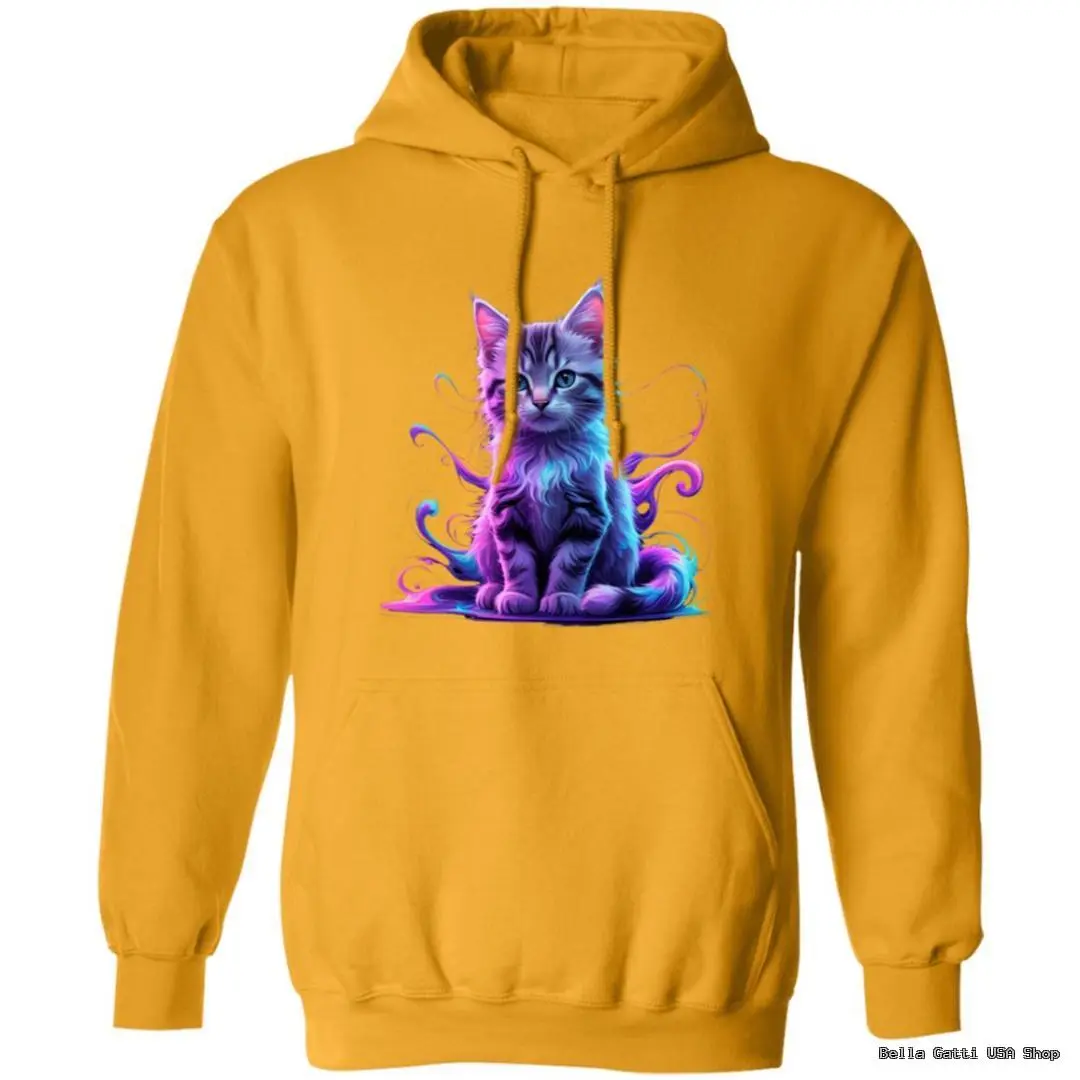 Yellow hoodie with colorful cat design