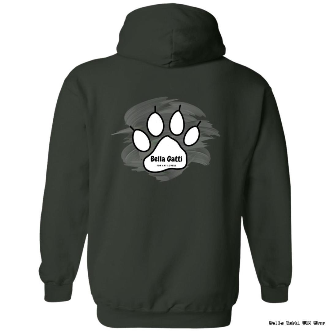 Dark hoodie with paw print design for cat lovers.