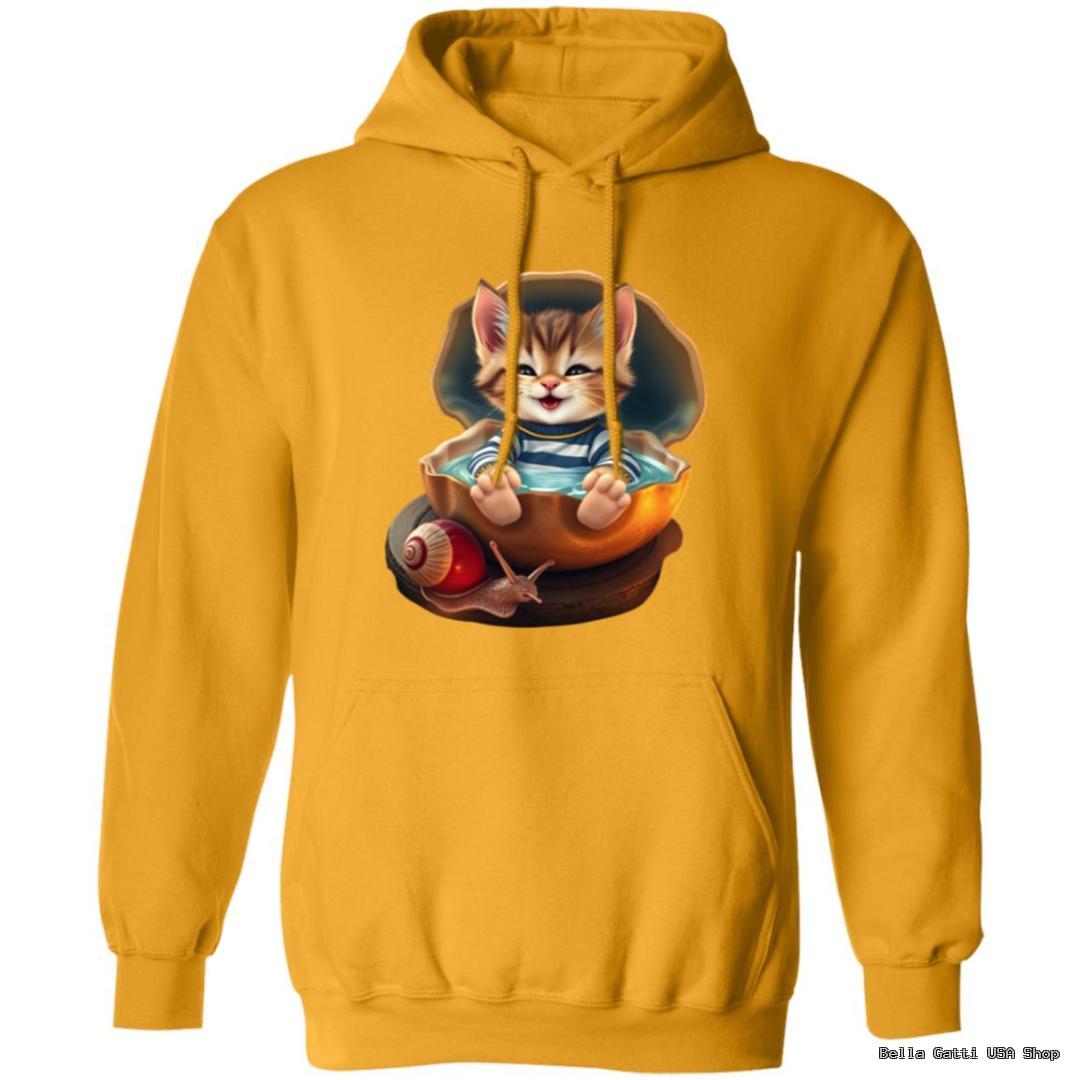 Yellow hoodie with cute cat and snail design.