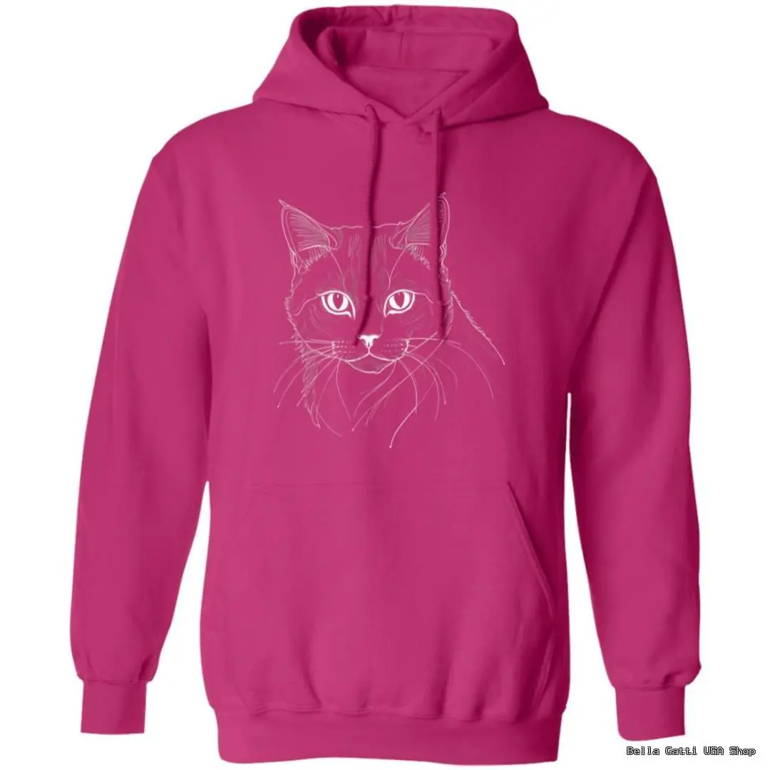 Pink hoodie with cat face illustration.