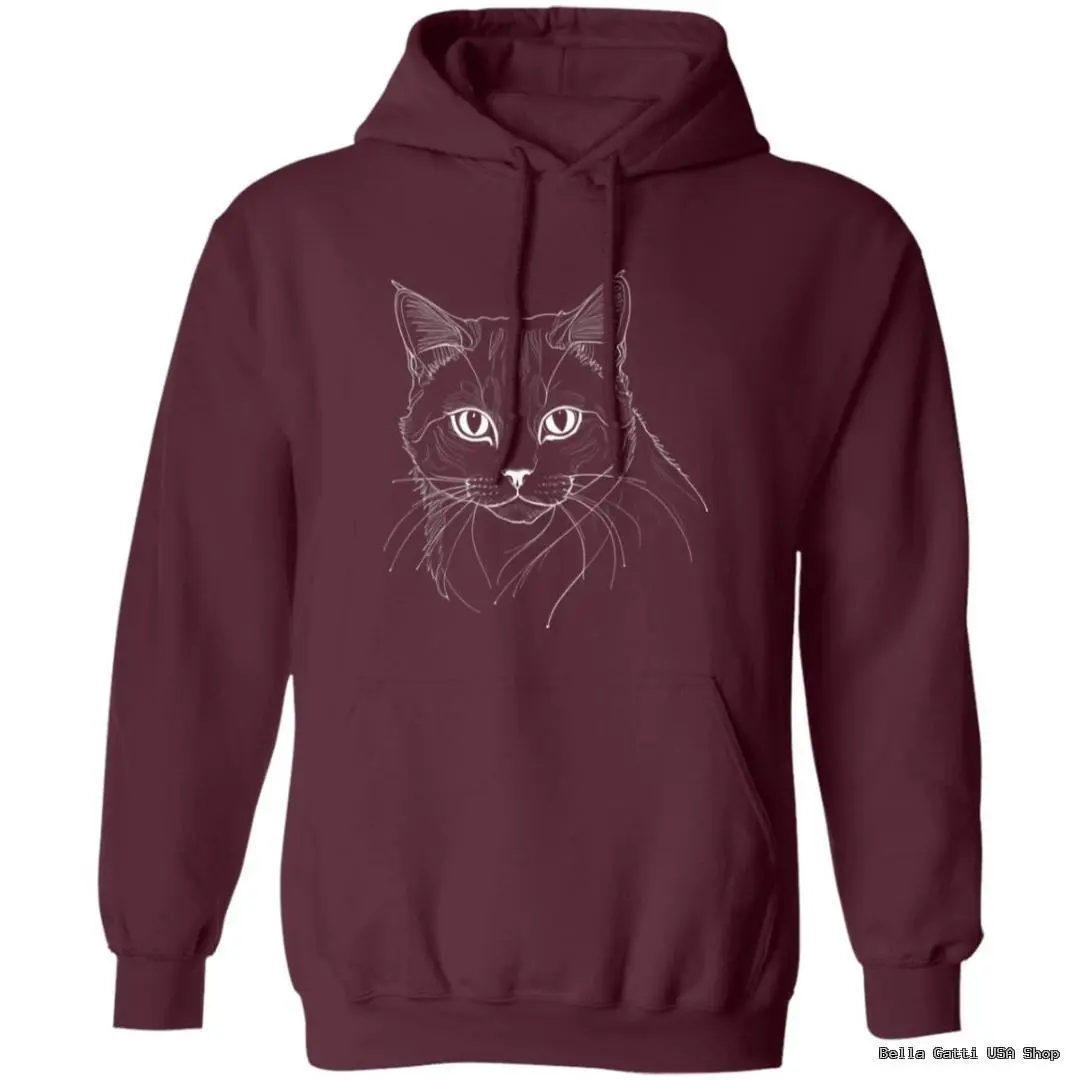 Burgundy hoodie with cat illustration design.