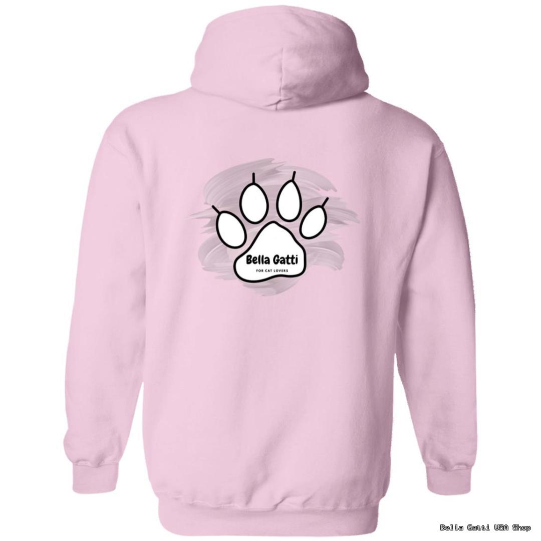 Pink hoodie with cat paw design on back.