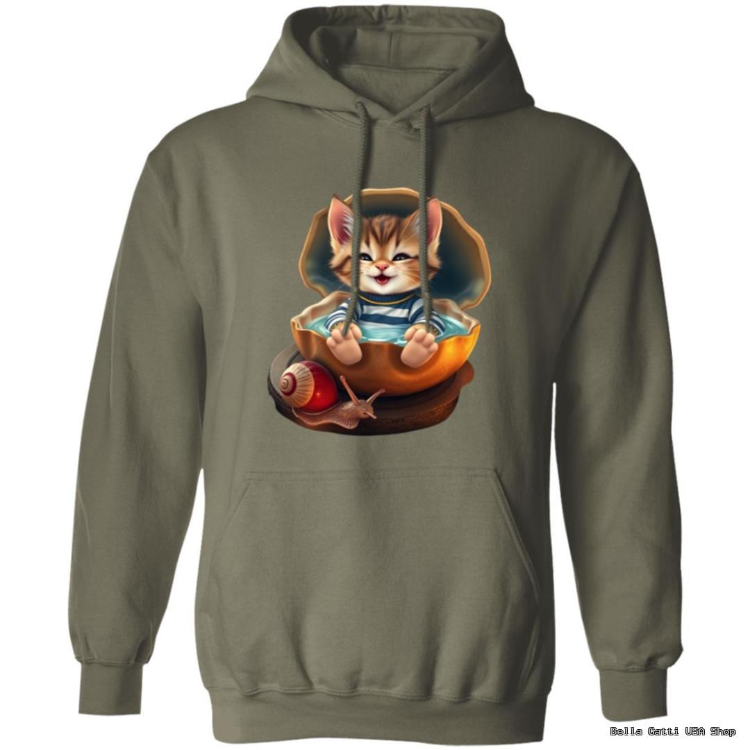 Hoodie with cute cartoon kitten and snail design.