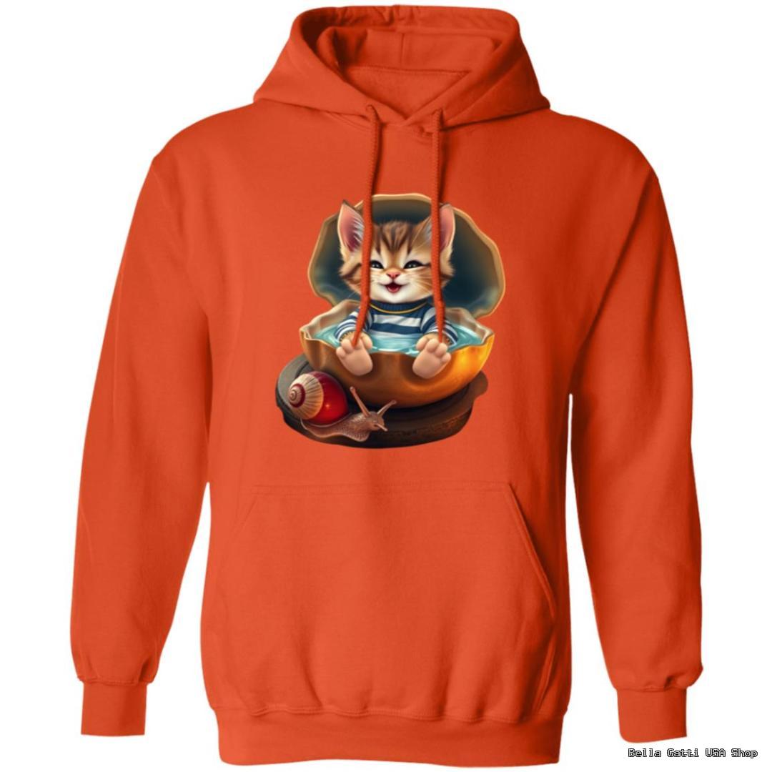 Orange hoodie with cute kitten design.