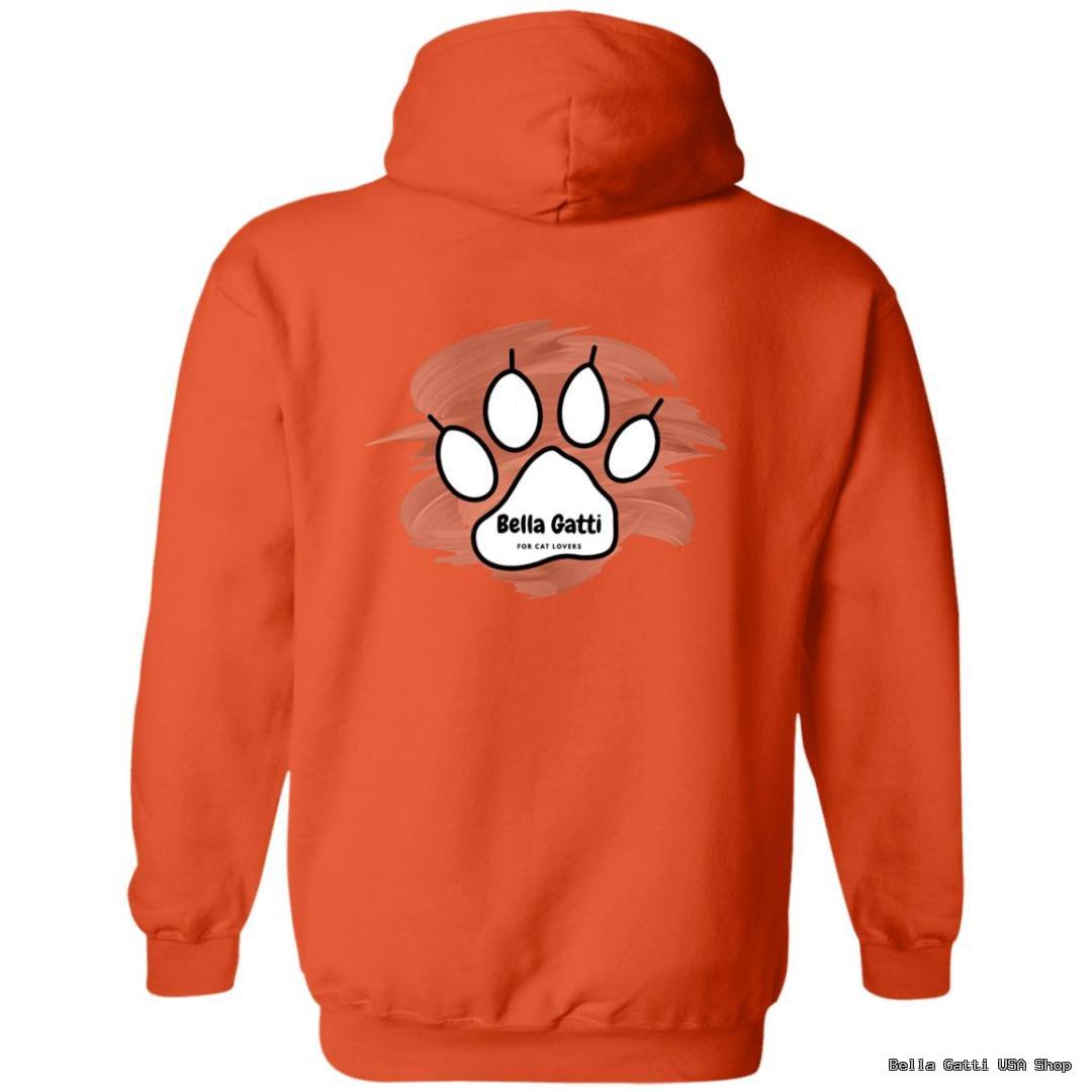 Orange hoodie with cat paw print design.