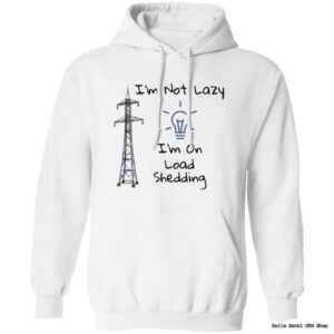 White hoodie with load shedding joke design.