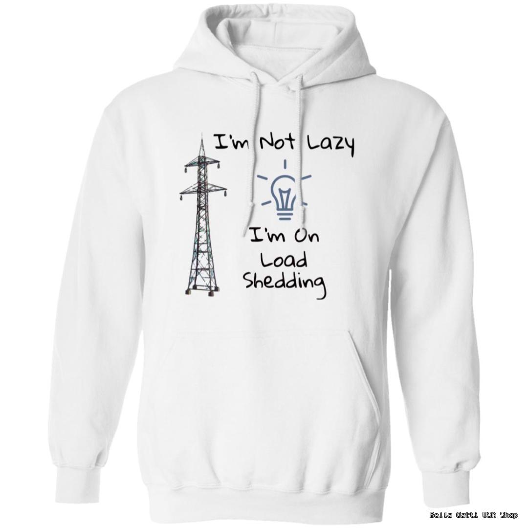 White hoodie with load shedding joke design.