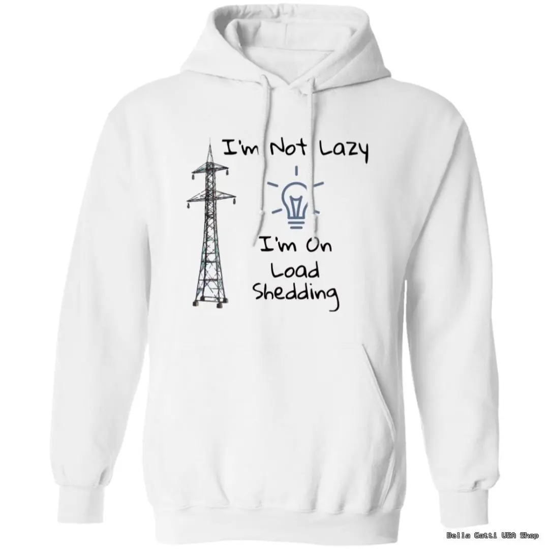 White hoodie with load shedding joke design.