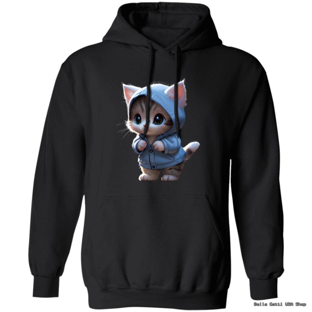 Black hoodie with cute cat in blue hoodie print.