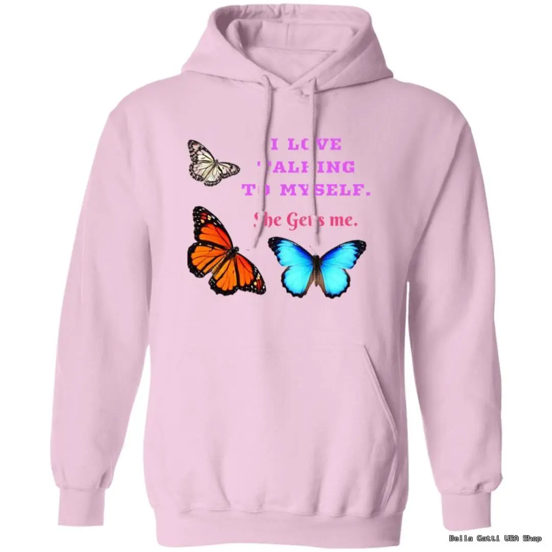 Pink hoodie with colorful butterflies and text design.