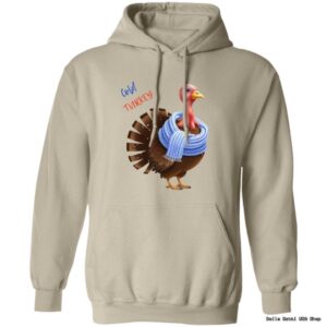 Hoodie with illustrated turkey wearing a scarf.