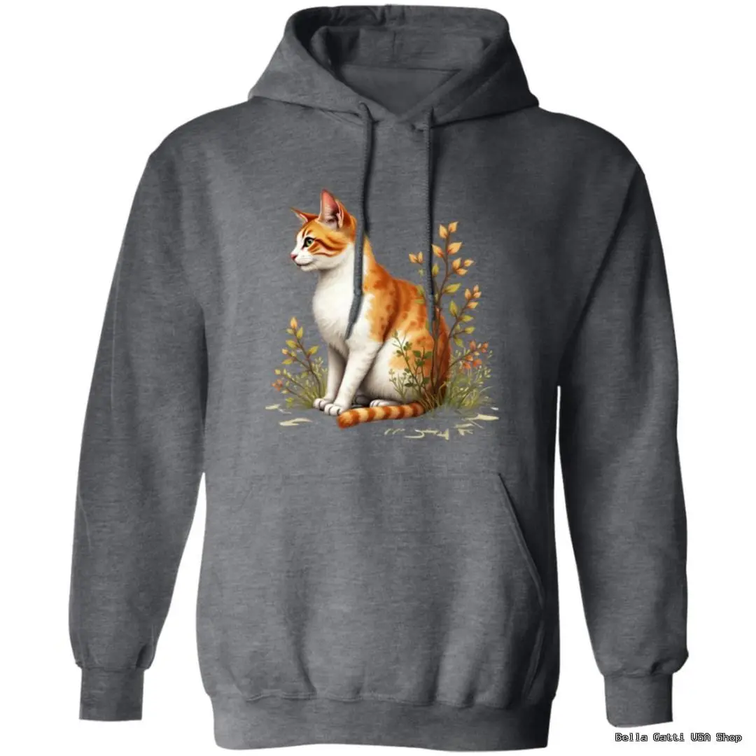 Gray hoodie with orange cat illustration