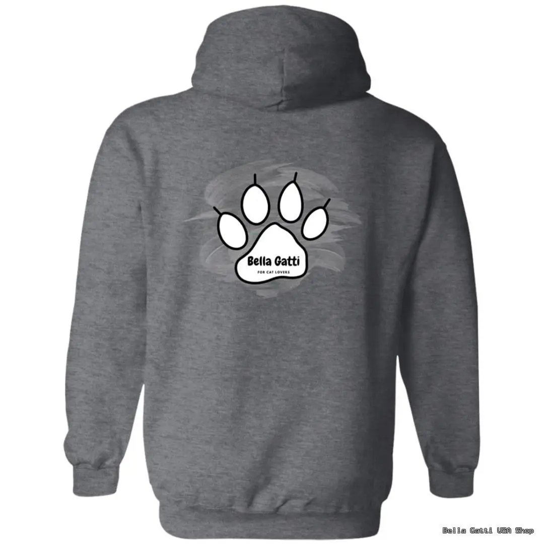 Gray hoodie with cat paw print design on back.