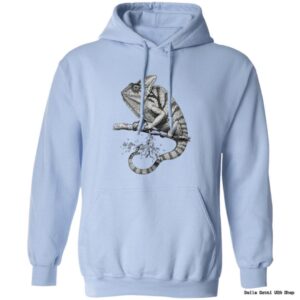 Light blue hoodie with chameleon illustration.