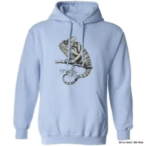 Light blue hoodie with chameleon illustration.