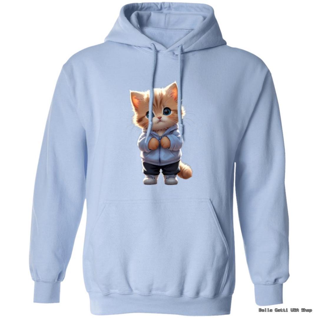Light blue hoodie featuring cute cat in hoodie design.