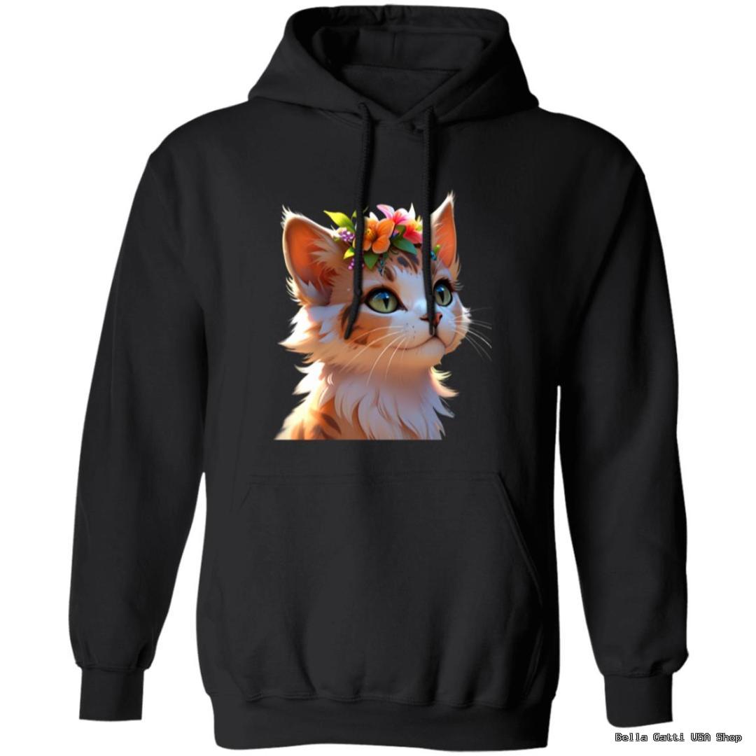 Black hoodie with flower crown cat graphic.