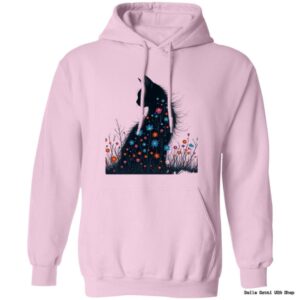 Pink hoodie with floral cat design.